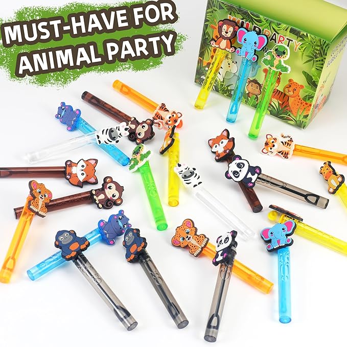 24PCS Animal Bubble Wands for Wild One Birthday Baby Shower Decorations Safari Jungle Theme Party Favors Supplies, Pinata Goodie Bags Filler, Classroom Prizes, Valentines Gifts, Easter Stuffers