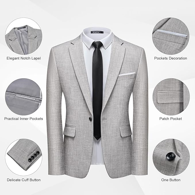 WULFUL Men's 2 Piece Slim Fit Suit Set One Button Blazer Jacket Pants Tuxedo Set for Party, Wedding and Business