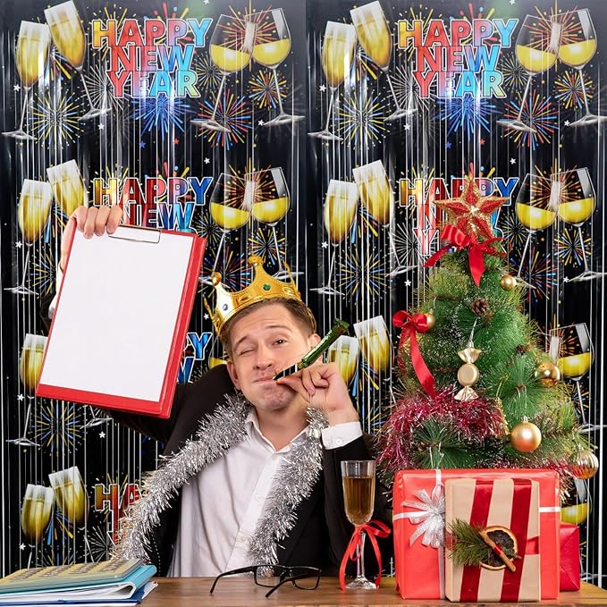 GOER Foil Curtain Backdrop for New Year Eve Party Decorations| Metallic Tinsel New Year Theme Photo Booth Props (1 Pack)