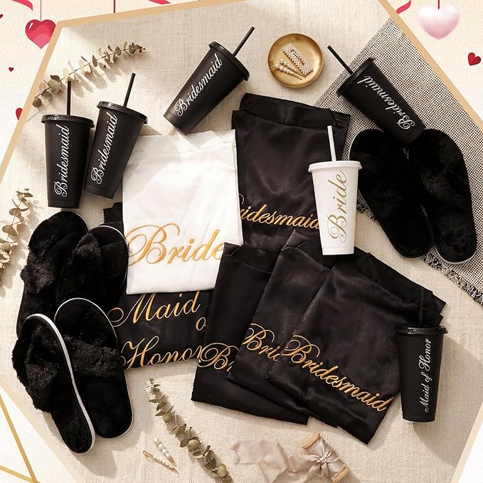 Bonuci 24 Pcs Bridesmaid Bride Robes Set of 8 Bridal Satin Robes Fluffy Slippers Drinking Cups for Wedding Bachelorette Party