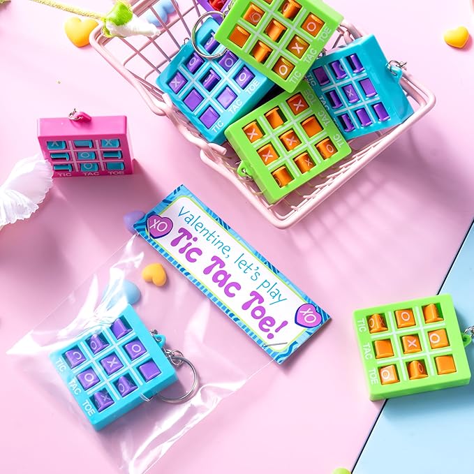 JOYIN 28 Pcs Valentine's Day Tic-tac-Toe Keychains with Bags & Tags, Plastic Tic Tac Toe Game Favors with 4 Colors, Valentines Day Gifts Card for Kids Boys Girls Classroom Prize Goodie Bag Stuffers