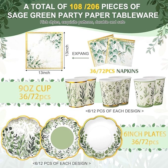 Yungyan 108 Pcs 36 Guests Greenery Plates and Napkins Party Supplies Sage Green and Gold Scalloped Disposable Eucalyptus Paper 6" Plates, Napkins and 9 oz Cups Set for Baby Shower Wedding Decoration