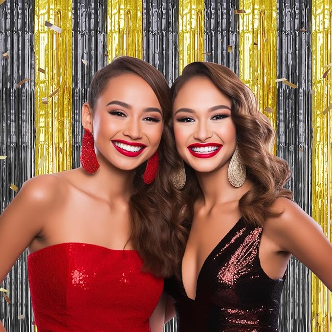 2 Pack Foil Fringe Backdrop - Black&Gold Shiny Tinsel Curtains for Party Decoration/Photo Booth Props - 3.3x6.6 FT Metallic Foil Backdrop for Birthday, Wedding, Graduation, Christmas.