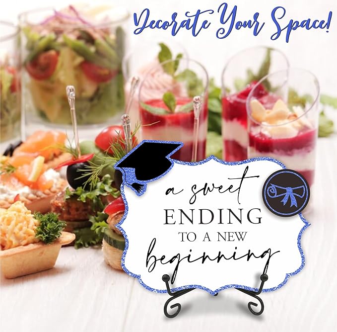 5"X7" Blue Grad Party Wooden Table Sign - A Sweet Ending To A New Beginning - Buffet Sign, Treat Sign With Metal Support & 2 DIY Wood Decor With Velcro, Grad Party Decorations & Supplies - B08