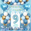 9th Birthday Decorations Blue White Gold,9th Birthday Balloons with Happy Birthday Banner Fringe Curtain Heart Foil Balloons for Boys Girls 9 Year Old Birthday Decor