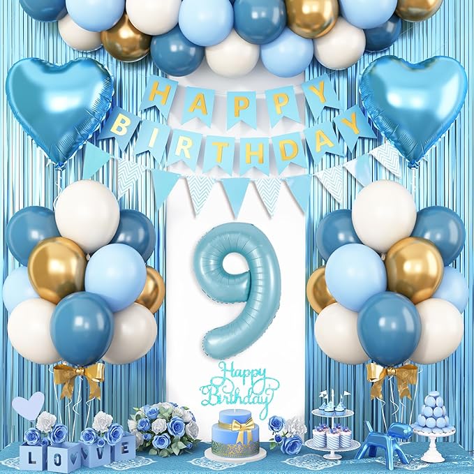 9th Birthday Decorations Blue White Gold,9th Birthday Balloons with Happy Birthday Banner Fringe Curtain Heart Foil Balloons for Boys Girls 9 Year Old Birthday Decor