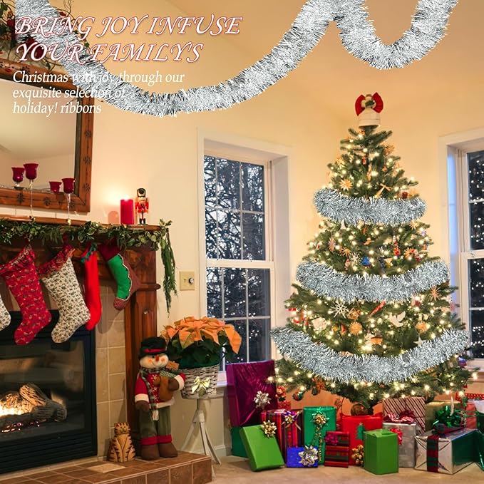 100Ft Christmas Garland - Xmas Tree Decorations, Christmas Tinsel Decorations for Indoor&Outdoor Home Decor, Christmas Metallic Twist Garland Ceiling Hanging Decorations for New Year(Silvery)