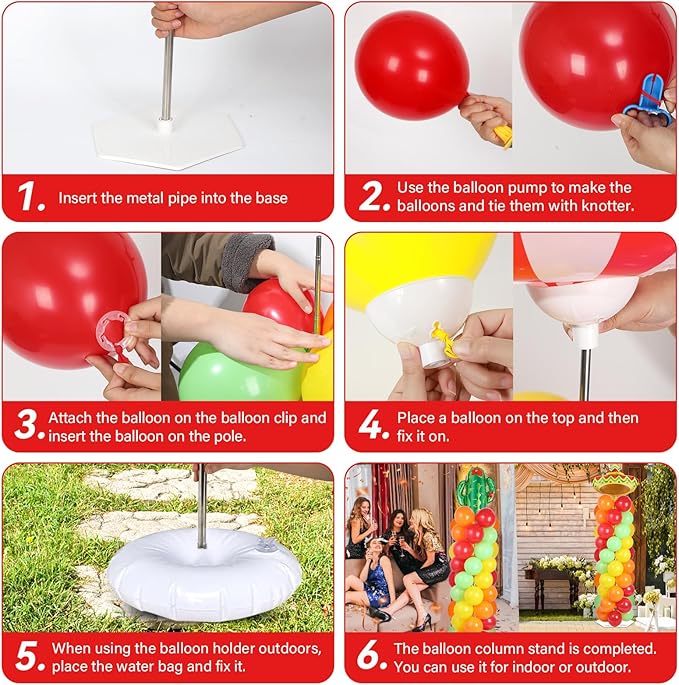 2 Sets Mexican Fiesta Balloon Column Stand Kit with 102 Balloons 5.57Ft Adjustable Balloon Tower Stand with Base Floor Cactus Sombrero Adjustable Arch Column for Mexican Fiesta Birthday Party Supply