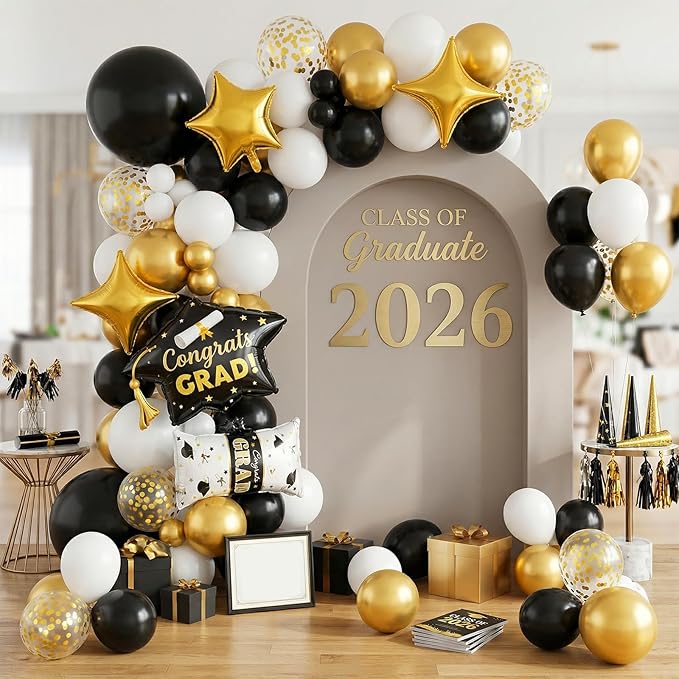 Black Gold Balloons Arch Kit, Black White Gold Balloon Arch with Grad Cap Star Graduation Certificate Foil Balloon, Golden Confetti Balloons for 2026 Graduation Decoration Birthday Anniversary Party