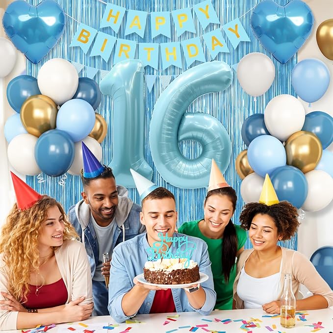 16th Birthday Decorations Blue White Gold,16th Birthday Balloons with Happy Birthday Banner Fringe Curtain Heart Foil Balloons for Boys Girls 16 Year Old Birthday Decor