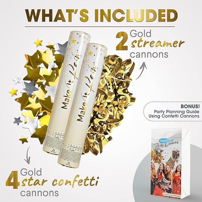PrimePure Confetti Cannon Party Poppers - Gold Star Confetti Poppers - 6 Pack - Gold Glitter Stars Party Cannon Pop Gun for Birthday, Wedding, Graduation, Celebration, Events, Pranks