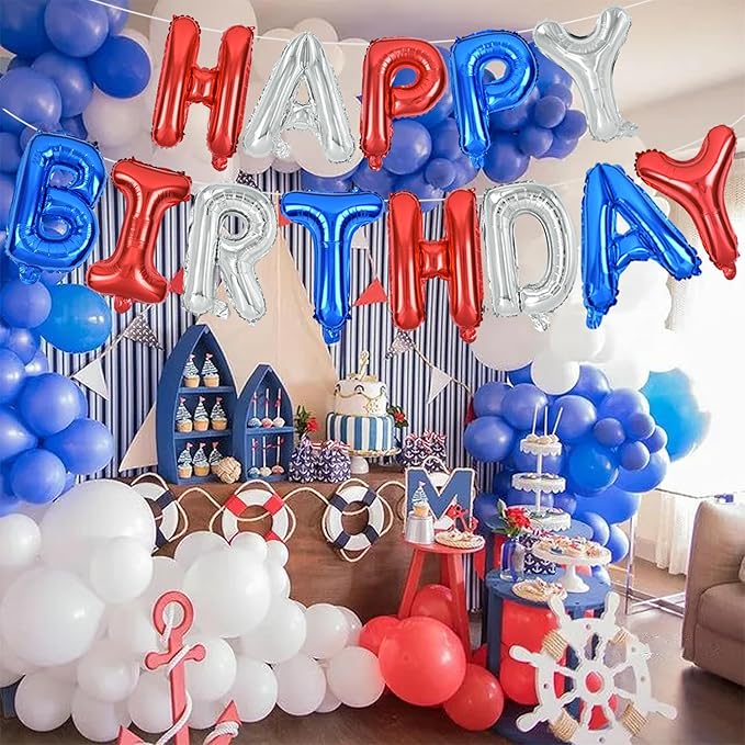 TONIFUL Happy Birthday Balloons Banner 16 Inch Mylar Letters Birthday Sign Banner Balloon Bunting Reusable for Patriotic Party Supplies Independence Day Labor Day Birthday Party（Blue Silver Red）