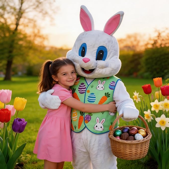 Easter Bunny Mascot Costume Blue Vest Unisex Deluxe Rabbit Costume Party Adult Size Fancy Dress