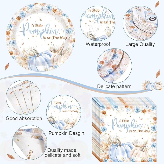 452 Pcs Little Pumpkin Baby Shower Decorations for 50, Blue a Little Pumpkin Is on The Way Paper Plates Napkins Cups Tablecloth Cutlery Straws for Autumn Fall Thanksgiving Party Supplies