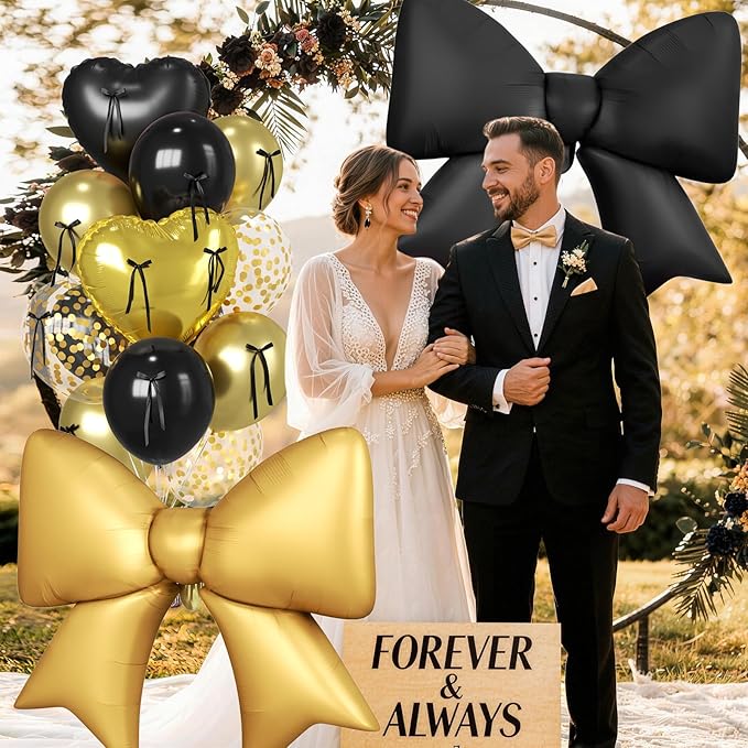 Paready Black and Gold Heart Balloons, 38 Inch Bow Balloons, Metallic Gold Confetti Balloon and Bow Heart Shaped Foil Balloon for Prom Birthday Wedding Bridal Baby Shower Valentines Day Decorations