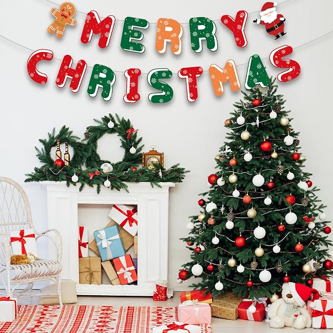 Merry Christmas Decorations Banners - Paper Christmas Banner, Santa Claus Reindeer Sign Garland Backdrop for Winter Xmas Indoor Outdoor Home Office Fireplace Wall Party Decor Supplies Favors Props