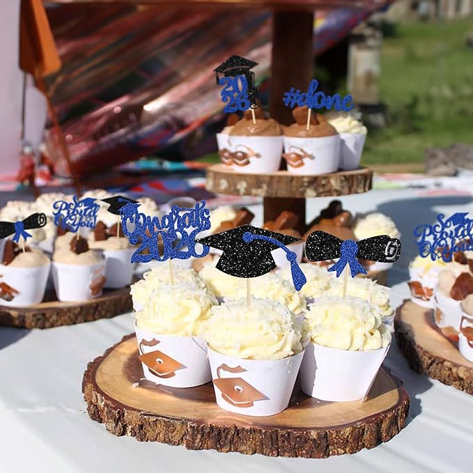 Gyufise 24Pcs 2026 Graduation Done Cupcake Toppers Blue Glitter Congrats Class of 2026 Diploma Grad Cap Cupcake Picks So Proud of You Cake Decorations for 2026 Graduation Theme Party Supplies