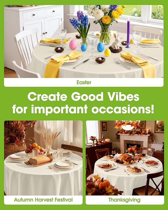 Pureegg Plastic Table Cloth Disposable 10 Pack, 84'' Round Table Cloths, Party, Wedding, Thanksgiving Decorations, Fall Tablecloths, Round, Beige Plastic Cover, Leakproof & Sturdy, Cream, Ivory