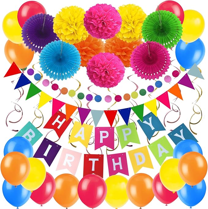 ZERODECO Birthday Decoration Set - Happy Birthday Banner, Bunting, 4 Paper Fans, 6 Paper Pom Poms, 10 Hanging Swirls, 20 Balloons - Multicoloured