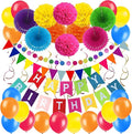 ZERODECO Birthday Decoration Set - Happy Birthday Banner, Bunting, 4 Paper Fans, 6 Paper Pom Poms, 10 Hanging Swirls, 20 Balloons - Multicoloured