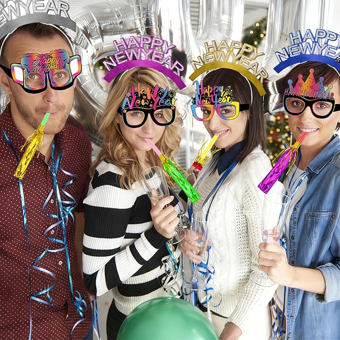 Openfly 36Pcs New Years Eve Party Supplies 2026 Happy New Year Hats Headband Tiara Noise Makers Paper Glasses Party Favors