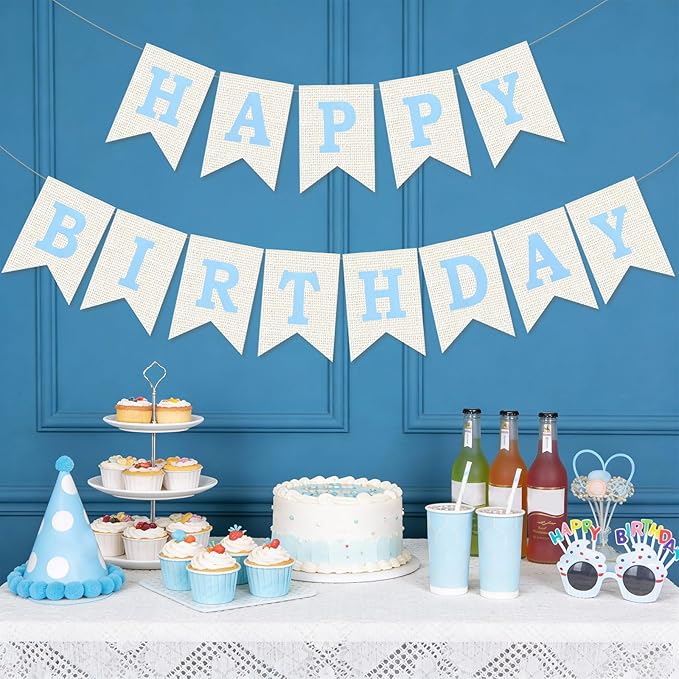 Burlap Happy Birthday Banner, Blue Assembled Happy Birthday Banner Sign Garland for Boys Girls Rustic Party Decorations