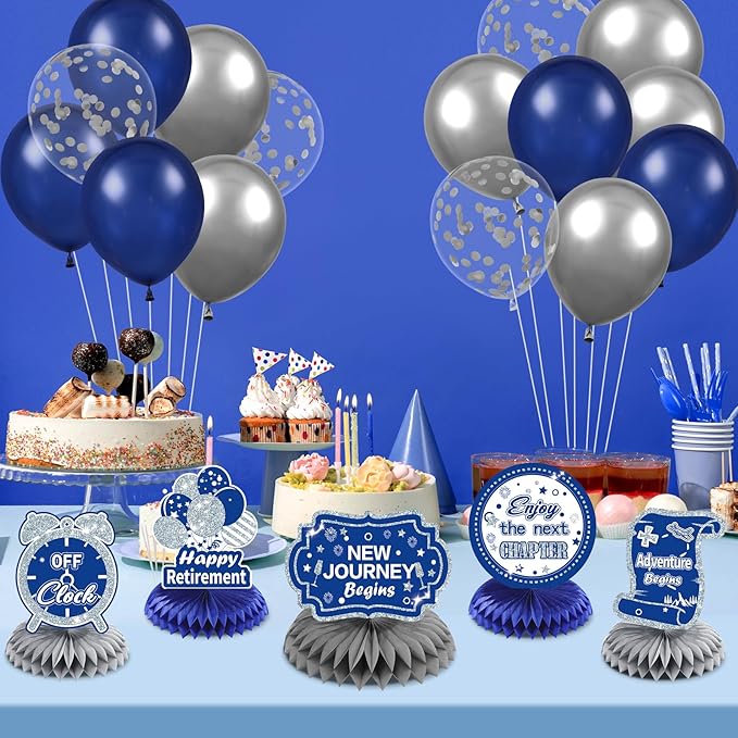 RUMIA 8pcs Navy Blue Silver Retirement Letter Print Honeycomb Centerpieces for Retirement Parties