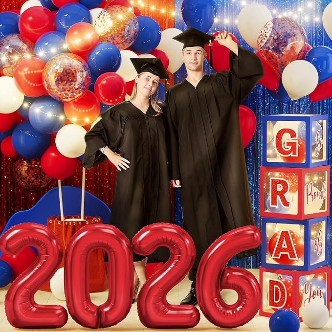 Graduation Party Decorations Class of 2026, 86PCS Red & Blue Graduation Party Supplies High School College Grad Balloon Boxes with Letters, Foil Curtains, LED String Light, Balloon Garland Kit