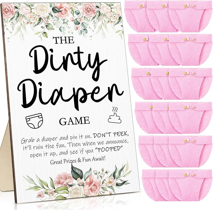 Roowest 51 Pcs Dirty Diaper Baby Shower Games Funny Wooden Sign with 50 Pcs Mini Diapers Cute Felt for Gender Reveal Party Baby Shower(Pink Flower)