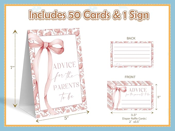Pink Bow Baby Shower Games, 1 Baby Shower Sign And 50 Baby Shower Advice Cards, Gender Reveal Gifts for Parents To Be, Baby Shower Decor for Baby Shower and Gender Reveal Party, Baby Shower Gifts-6