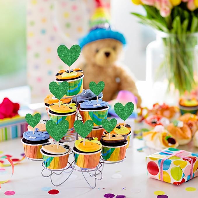 30 PCS Love Heart Cupcake Toppers Glitter Sweet Love Cupcake Picks Bridal Shower Wedding Engagement Cake Decorations for Valentine's Day Baby Shower Birthday Anniversary Party Supplies Green