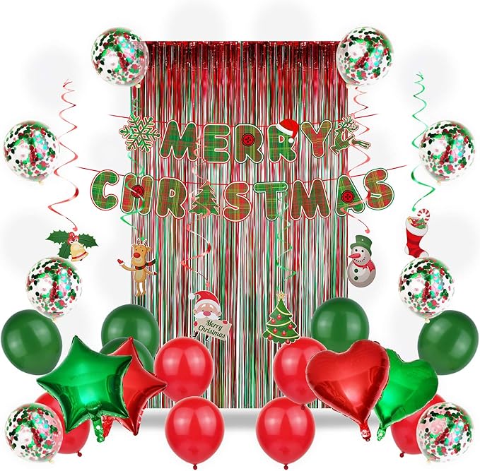 Christmas Party Decoration Supplies Christmas Balloons Merry Christmas Banner Hanging Swirls Red and Green Metallic Fringe Curtains Christmas Decor