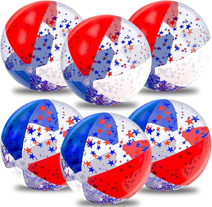 TURNMEON 6 Pack 20 Inch Patriotic Inflatable Beach Balls Bulk, 4th of July Confetti Red White and Blue Large Beach Ball for Kids Adults Beach & Summer Pool Party Decorations,Outdoor Pool Toys Game