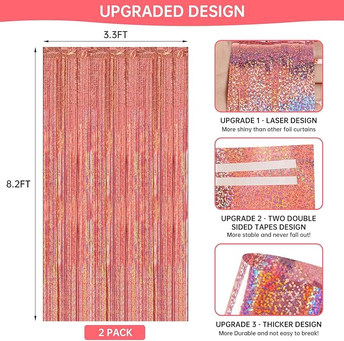 2 Pack 3.3 x 8.2 ft Tinsel Foil Fringe Backdrop Curtain, Upgraded Rose Gold Glitter Metallic Streamers, Party Photo Curtains Backdrop for Birthday Wedding Bride Prom Bachelorette Party Decor