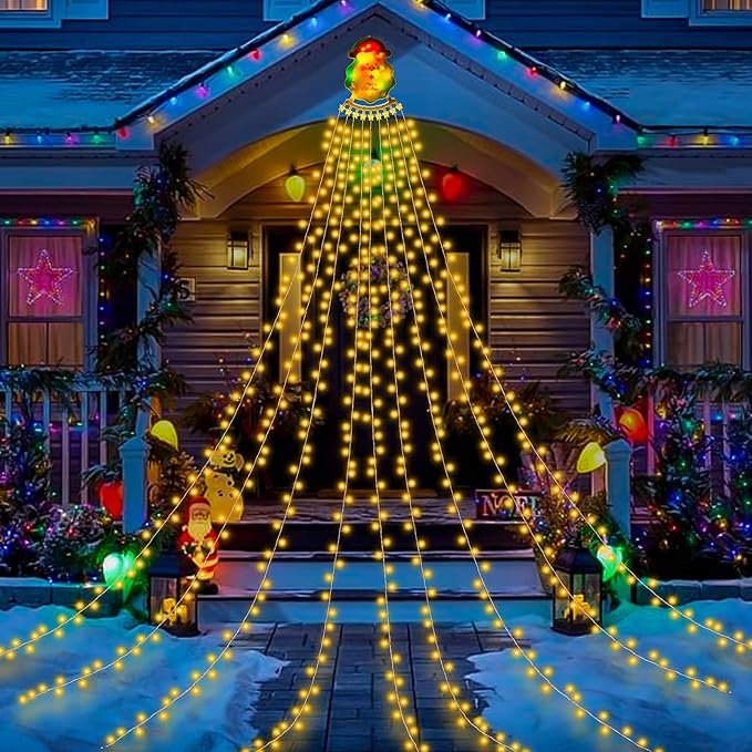 Christmas Waterfall Outdoor String Lights, Christmas Tree Lights with Topper 335 LED 11.48ft 9 Strands, 8 Lighting Modes Holiday New Year Decoration Lights for Wedding Yard Party Home Indoor Decor