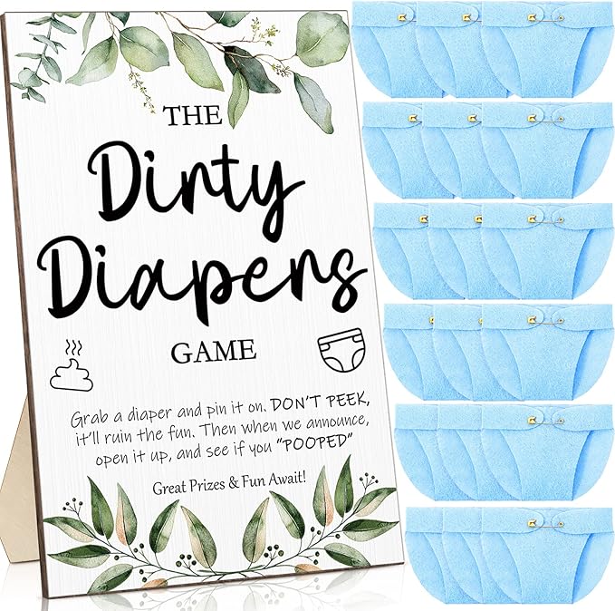 Roowest 51 Pcs Dirty Diaper Baby Shower Games Funny Wooden Sign with 50 Pcs Mini Diapers Cute Felt for Gender Reveal Party Baby Shower(Greenery Blue)