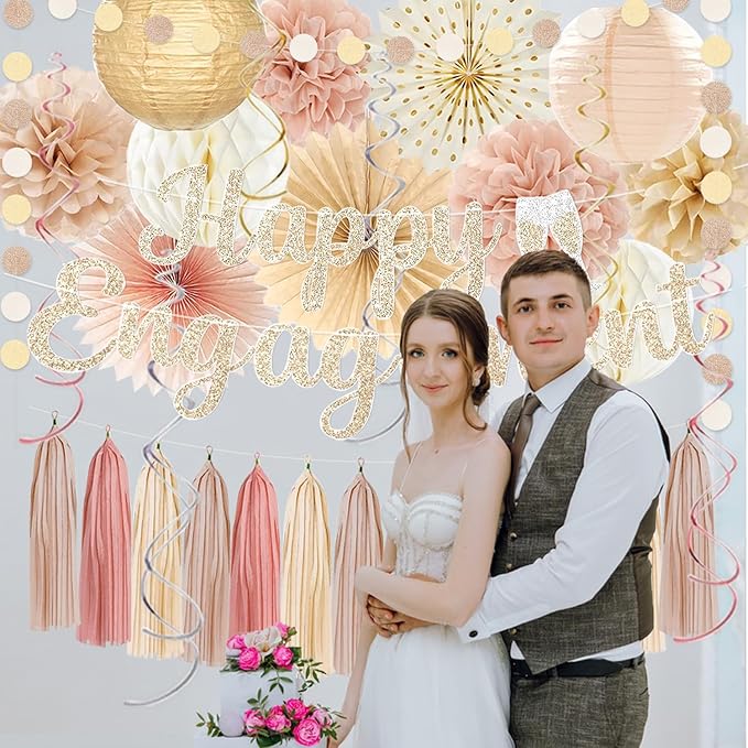 Engagement Party Decorations, Champagne-Gold Glitter Happy Engagement Banner, Almost Married/Just Engaged Photo Background, Boho Tassel Garland Congratulations Wedding Bachelorette Party Shower Décor