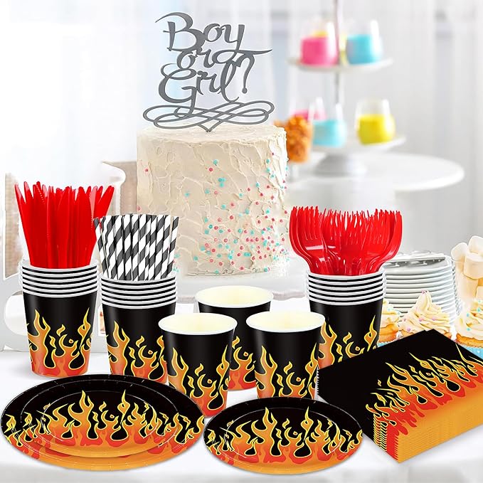 168PCS Flame Racing Party Supplies for Kids Boys Fire Plates and Napkins for Birthday Party Decorations Motorcycle Themed Baby Shower Paper Plates Tableware 24 Guests