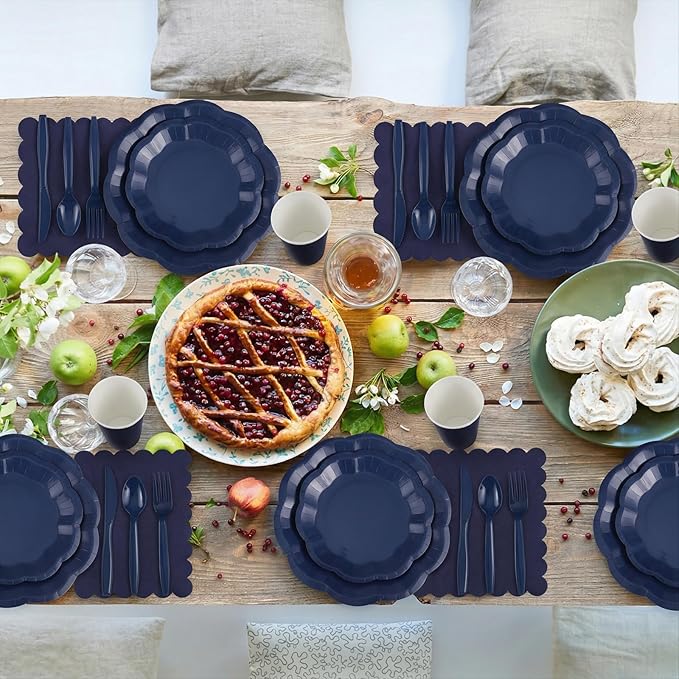 350 Pcs Navy Blue Plates and Napkins Set, 50 Guest Navy Blue Party Supplies Include Scalloped Plate Paper Napkin Cup Forks Knives Disposable Plastic Cutlery for Wedding Baby Shower Birthday Party