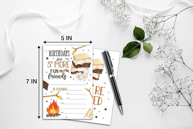S'mores Birthday Party Invitations for Boys or Girls, S'more Bonfire Birthday Parties Supplies Decorations, Backyard Camping Theme Fill-in Invites, 4" x 6" Double-sided Cards(20 Invitations and