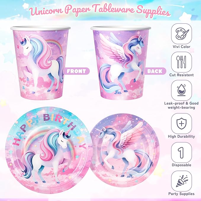 195Pcs Unicorn Birthday Party Supplies with Plates Cups Napkins Straws Cutlery, Unicorn Themed Birthday Decorations with Banner and Tablecloths, 24 Serves Unicorns Disposable Tableware Set for Party