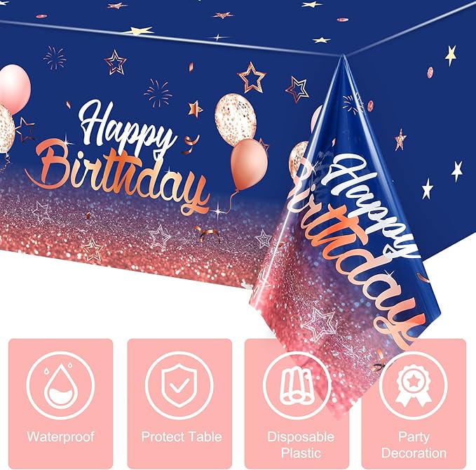 Tegeme Navy Blue Party Supplies Stars Happy Birthday Tablecloths Starry Confetti Table Covers for Kids Boys Girls Baby Shower Birthday Party Decorations(Navy Blue and Pink,3 Pack)