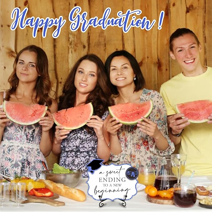 5"X7" Blue Grad Party Wooden Table Sign - A Sweet Ending To A New Beginning - Buffet Sign, Treat Sign With Metal Support & 2 DIY Wood Decor With Velcro, Grad Party Decorations & Supplies - B08