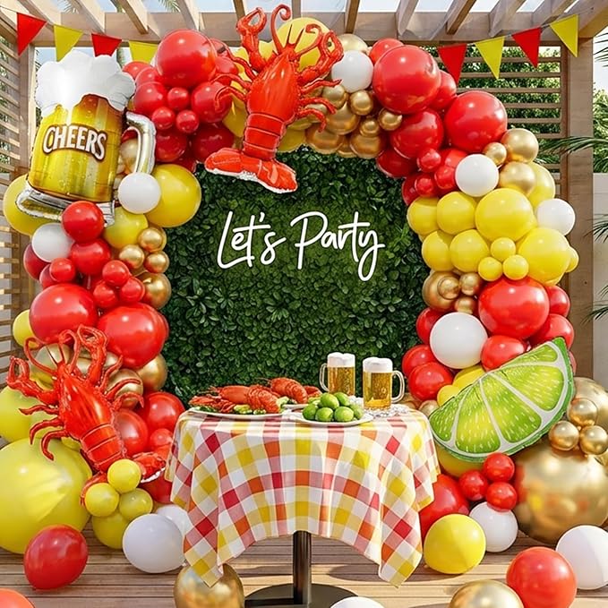 Bonropin Crawfish Boil Party Supplies, 150pcs Crawfish Balloon Arch Garland Kit with Red Yellow Gold Latex Balloons, Crawfish Beer Lemo Foil Balloons for Crawfish Boil Birthday Party Decoration