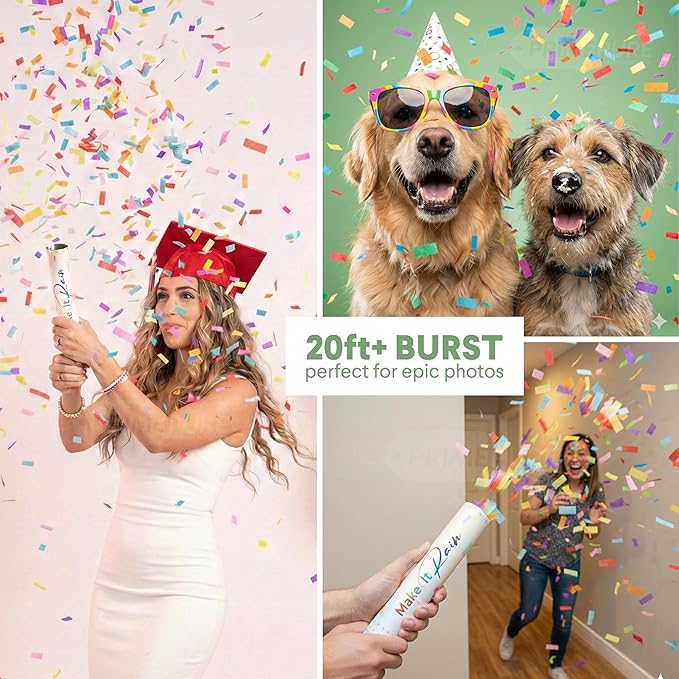 PrimePure Confetti Cannon Party Poppers - Biodegradable Multicolor Rectangular Confetti Poppers - 2 Pack - Party Cannon Shooters Gun for Wedding, Birthdays, Celebrations