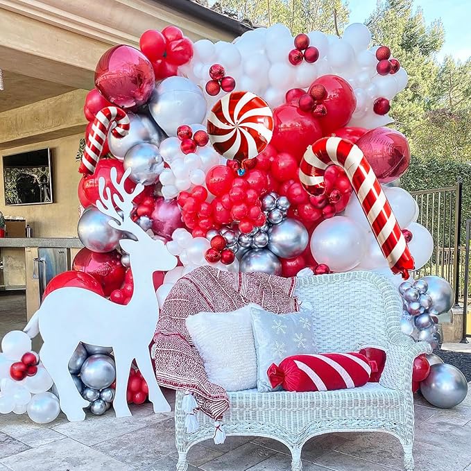 Christmas Balloon Arch Kit 129 Pcs Red White Silver Snowflake Confetti Latex Balloons Xmas Candy Cane Foil Balloon for Merry Christmas Friendsmas Winter New Year Birthday Party Decor