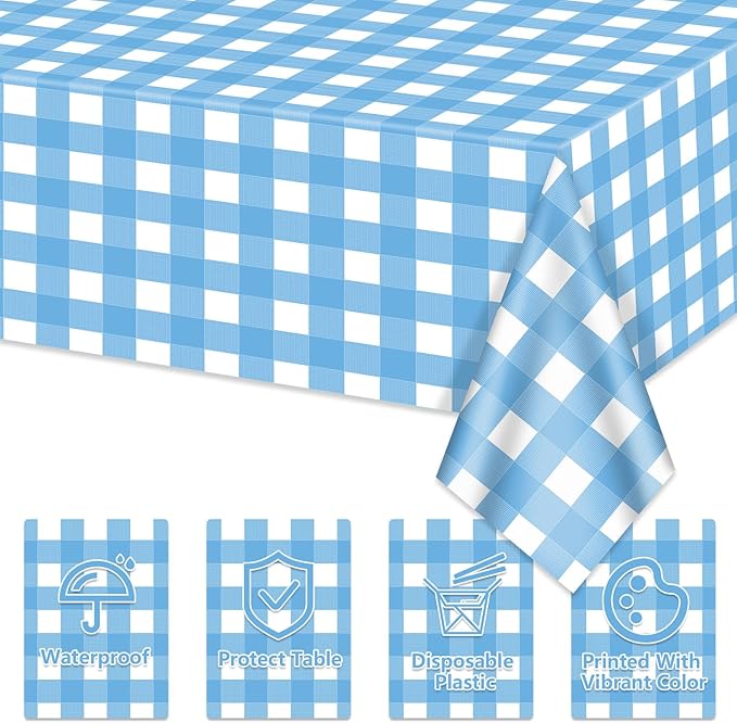 4 Pack Light Blue Gingham Tablecloths, Blue and White Checkered Tablecloths 86.6 x 51.2 Inches Rectangular Waterproof Picnic Table Covers for Birthday Party Holiday Outdoor Supplies