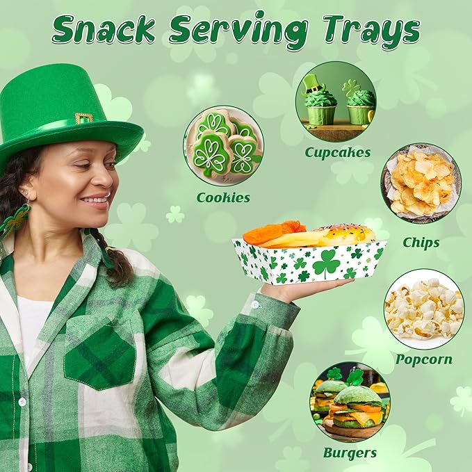 100 Pcs St. Patricks Day Paper Food Trays, Disposable Shamrock Food Trays, Green Snack Serving Plates, Irish St. Patricks Day Decorations Food Boats Irish Party Favors for Green Shamrock Celebration