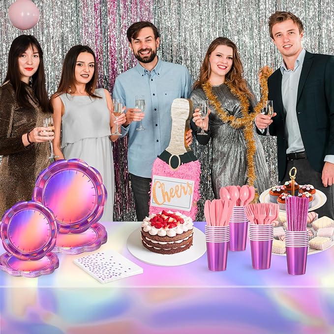 200 Pcs Pink Plates and Napkins Party Supplies, 25 Guest Scalloped Iridescent Pink Plates Napkins Cups Set Holographic Pink Party Decorations for Birthday, Mermaid, Disco Party