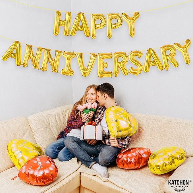 KatchOn, Letters Gold Happy Anniversary Balloons - Big, 16 Inch | Banner, Backdrop & Balloon Banner for Gold Happy Anniversary Decorations | Wedding anniversary Party Decorations | Anniversary Decor